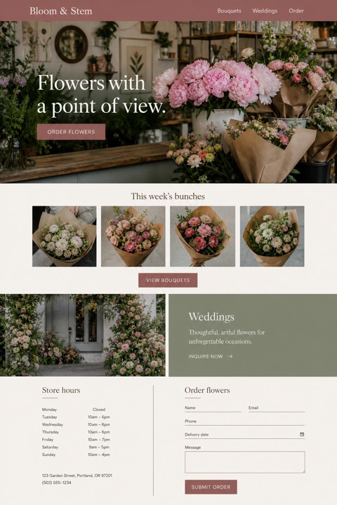 Finished one-page website concept for Bloom & Stem florist.