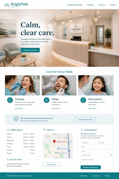 Finished one-page website concept for BrightPath Dental.