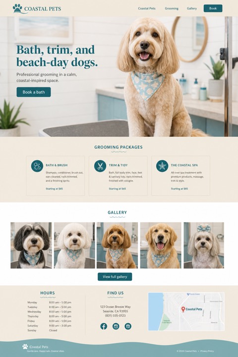 Finished one-page website concept for Coastal Pets grooming.