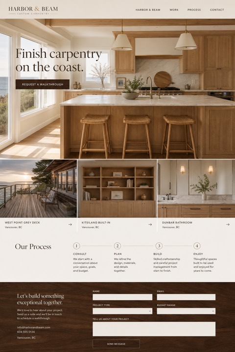 Finished one-page website concept for Harbor & Beam, a carpentry contractor.
