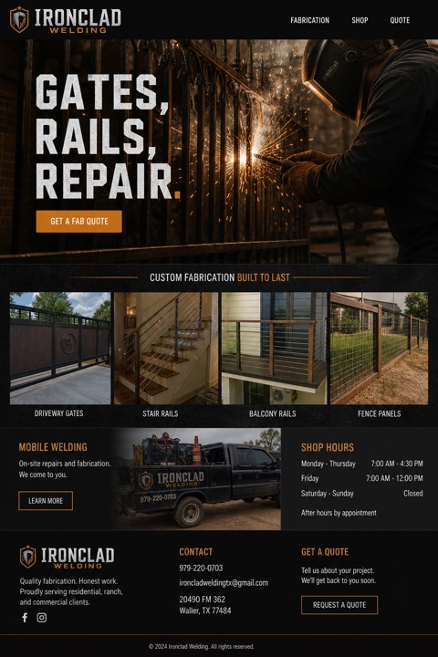 Finished one-page website concept for Ironclad Welding.