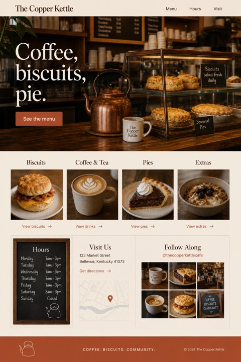 Finished one-page website concept for The Copper Kettle cafe.