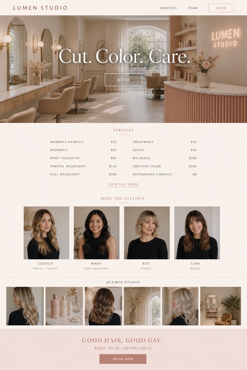 Finished one-page website concept for Lumen Studio, a hair salon.