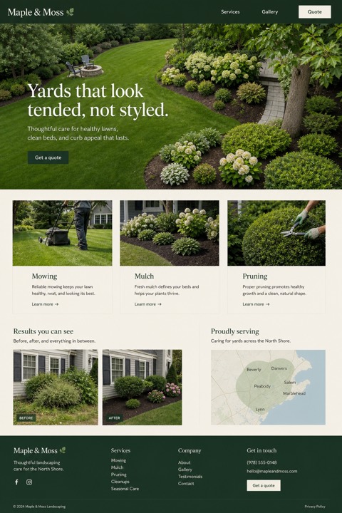 Finished one-page website concept for Maple & Moss landscaping.