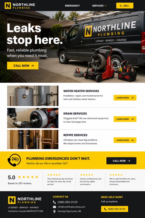 Finished one-page website concept for Northline Plumbing.