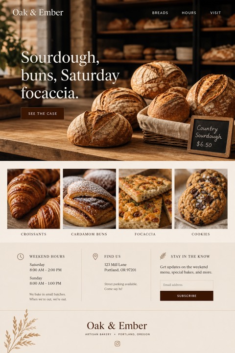 Finished one-page website concept for Oak & Ember bakery.