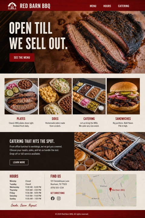 Finished one-page website concept for Red Barn BBQ.