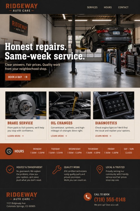 Finished one-page website concept for Ridgeway Auto Care, an auto repair shop.