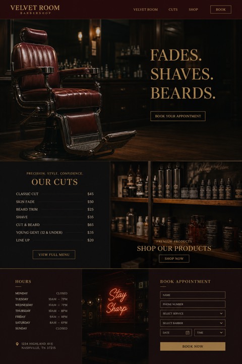 Finished one-page website concept for Velvet Room barbershop.